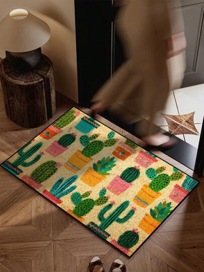 1pc Cactus Potted Plant Entry Door Mat, Farmhouse Style Short Plush Quick Dry Non-Slip Washable Doorway Floor Mat, Suitable For Kitchen, Bathroom, Dining Room, Entrance, Party, Gathering, New Year, All Seasons, Yard Decor Room Decor Home Decor Rug Carpet Bedroom Decor Rugs