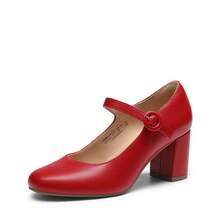 Women's Mary Janes Chunky Heel Pumps Round Toe Solid Color Comfortable Party Wedding Dress Shoes - 紅色 - 查看 4