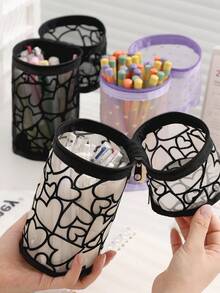 Estojo multifuncional de malha para lápis e pincéis de maquiagem, bolsa transparente para cosméticos com zíper cilíndrico, porta-canetas de dupla utilização ou bolsa para deitar com design de coração de veludo, bolsa de papelaria de grande capacidade para adolescentes, bolsa portátil dobrável para lápis e viagens escolares e de escritório, material de volta às aulas, bolsa de maquiagem de malha - Multicolorido - Ver 2