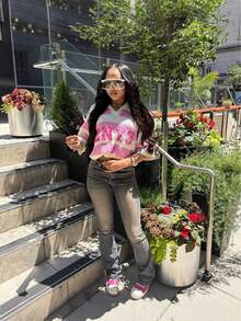 Ins Europe And America 2025 Summer Dopamine Sweet Style Pink Digital Print Cutout Loose Top Women's T-Shirt - 粉色 - 查看 3