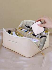 1 geantă de machiaj, geantă cosmetică din piele PU impermeabilă, geantă de toaletă portabilă, organizator de machiaj cu strat dublu de mare capacitate