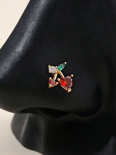 1 peça piercing de nariz em formato de cereja delicado e fofo com diamante, decoração de piercing em formato de L de 20g, adequado para uso diário feminino e