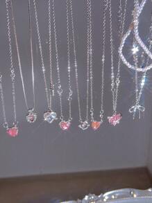 9/8pcs Y2K Style Fashion Elegant Vintage Design Layered Necklace Set, Featuring Pink Rhinestone, Bling Bling, Bow, Heart, Cross, Snake, Butterfly, Faux Pearl Pendants, Suitable For Holiday, Party, Date, Gift, Daily Wear - Silver - View 8