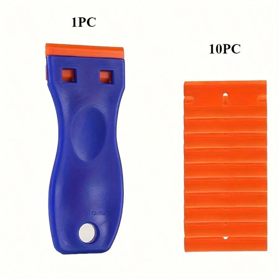1PC Plastic Scraper+10PC Plastic Blade Set, Replaceable Scraper, Suitable For Car Film Application Tools, Small Cleaning Scraper Blades, Glass Cleaning, Snow Removal, Glue Removal, Dirt Removal, Multiple Uses - Màu xanh lam - Xem 1