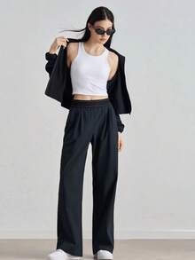 女士定制Logo弹力腰阔腿梭织休闲宽松裤，适合瑜伽、健身、户外运动和休闲穿着 - 黑色 - 查看 5