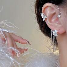 Butterfly Earrings For Women Butterfly Tassel  Earrings Rhinestones Dangle Drop Earrings Butterfly Jewelry Birthday Gifts For Women Wedding Accessories For Brides Bridesmaides - B:1pc Silver Right Butterfly Ear Cuff Earrings - View 2