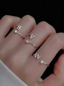 1 件 26 字母设计锆石开口戒指，时尚精致奢华风格 - 銀色 - 查看 3