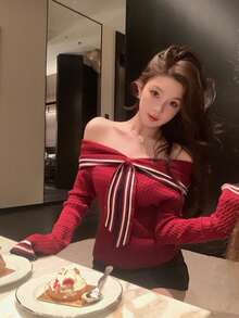 女款聖誕時尚露肩針織毛衣，學院風修身條紋麻花編織套頭衫，春夏款 - 紅色 - 查看 7