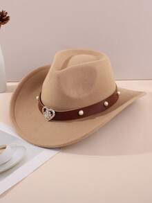 1顶儿童毛毡牛仔帽，心形图案，饰有水钻和珍珠，西部风格，时尚独特，适合返校、假期和休闲场合。 - Heart - Rhinestone & Pearl Bands - 查看 15