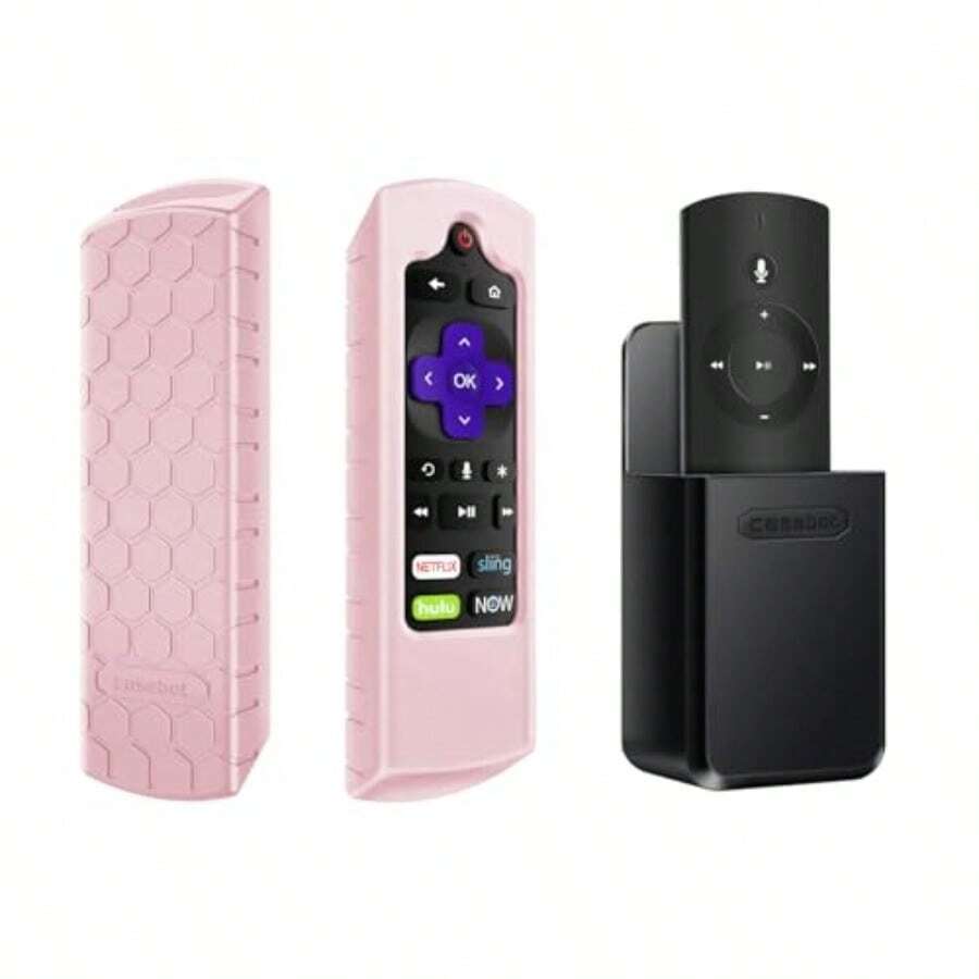 CaseBot Fintie Bundle: Case For Roku Voice Express HD 4K+ Ultra LT Enhanced 3930 Premiere+ 3921 Streaming Stick Shockproof Silicone Cover + Remote Holder Bracket Shelf For Roku TV Remote - Hồng - Xem 1