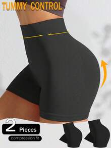 2 Stücke Damen nahtlose Yoga Sport Shorts, High Waist Gym, einfarbig, elastische Taille, minimalistische Leggings Shorts, Hüfthebend, formend, Sport Shorts für den täglichen Gebrauch, Biker Short Boxershorts - Verschiedenfarbig - Übersicht 2