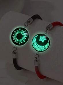 1 Coppia Di Braccialetti Europei E Americani Alla Moda In Acciaio Inossidabile Con Gemme A Tema Sole E Luna, Adatti Per Giovani, Amici E Coppie, Con Luce Notturna