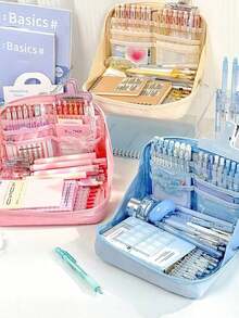 Simple Color Wide-Open Pencil Bag Pen Case 12 Compartments Oxford Fabric Storage Pouch For Stationery School Student , Back To School Gifts - 彩色 - 查看 6