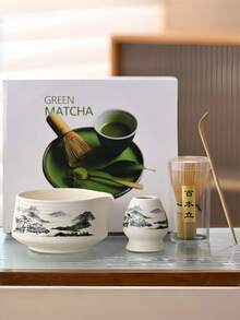 4pcs Sakura Ceramic Matcha Bowl Set, Includes Matcha Bowl, Chasen (Bamboo Whisk), Chashaku (Bamboo Scoop), Hishaku (Bamboo Ladle), Japanese Style Matcha Preparation Tools, Foaming Whisk, Lip Matcha Bowl, Traditional Japanese Matcha Tea Set, For Making Frothy Matcha Green Tea.