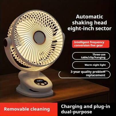 Ventilador de camping recargable, circulador de aire portátil de escritorio inalámbrico con luz LED y clip, ventilador eléctrico de techo para el hogar