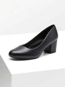 Women's Low Chunky Pumps Block Heel Dress Shoes Closed Round Toe Comfortable Heels For Commuting Parties Daily Wear - BLACK-PU - View 6