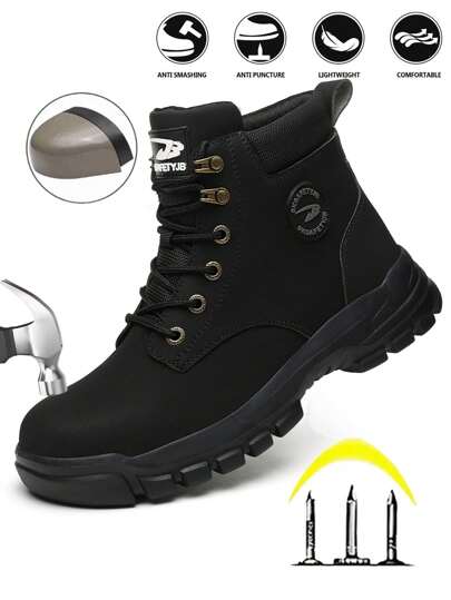1 paire de chaussures de sécurité pour hommes de style utilitaire en faux cuir de couleur unie avec lacets, bottes de travail pour l'extérieur, toutes saisons