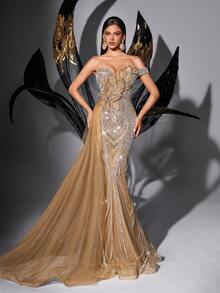 闪亮亮片礼服，花卉装饰，高端晚礼服，适合高档晚宴、盛大晚会、生日派对、鸡尾酒会、毕业舞会、颁奖典礼等场合。纯色无肩带鱼尾裙，适合春季婚礼穿着。 - 香檳色 - 查看 4