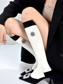 1双/2双 法式刺绣山茶花图案过膝袜，黑白配色，Y2K风格，舒适