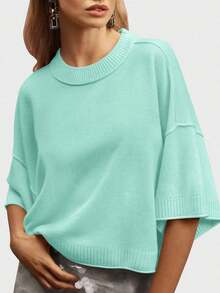 Womens Short Sleeve Sweater Summer Oversized Cropped Sweaters Casual Crewneck Lightweight Knit Tops - Mint Green - View 3