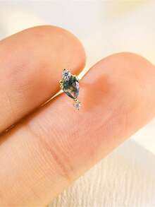 EleRunis 1 件 925 纯银天然苔藓玛瑙榄尖形不对称水滴平背软骨耳轮穿孔精美珠宝适合日常佩戴婚礼派对订婚周年纪念情人节 - 金色 - 查看 15