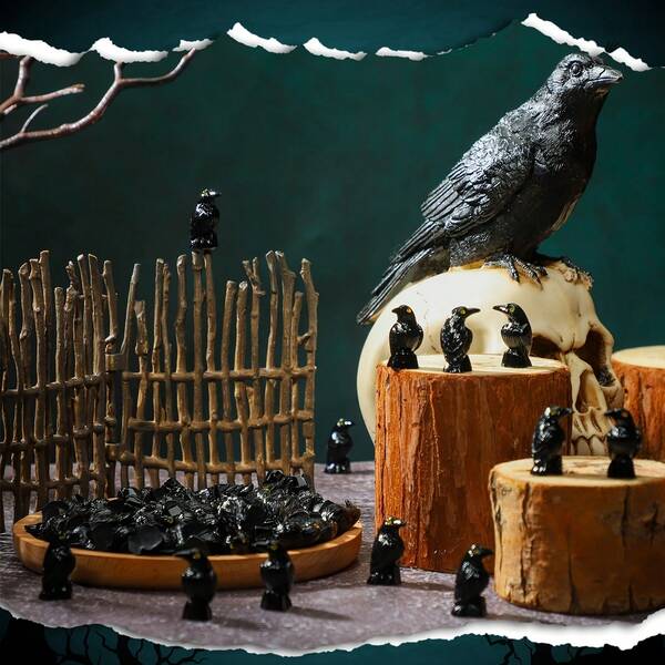 50 Pcs Miniature Crows Figurines Black Resin Crows Figures Black Raven Summer Decor Tiny Resin Animals, Freestanding Outdoor Garden & Home Decorations For Halloween Scene Decor