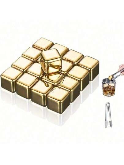 8pcs Metal Whiskey Golden Stones With Silicone Tong Set, Golden Stainless Steel Whiskey Ice Cubes, Golden Reusable Chilling Ice Cubes Wine Chiller For Beer, Vodka, Liqueurs, Sushi, Cocktail Party Bar, Drinks Cooler Set,