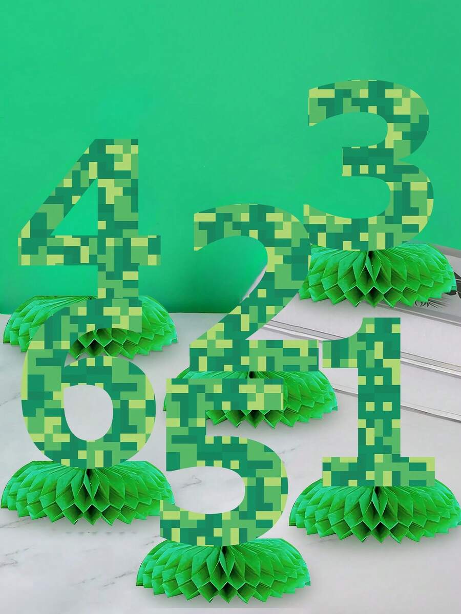 1pc Pixel Birthday Decor, Green Pixel Series Digits 0-9 Honeycomb Decor Options, Pixel Birthday Honeycomb Center Decor, Pixel Birthday Table Decor, Party Supplies, Birthday Gift, Party Favors, Hawaiian Christmas Party Decoration - Multicolor - View 1
