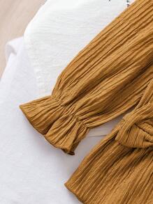 Conjunto de cuello de encaje de estilo vintage color caramelo para niña, conjunto texturizado color caramelo, cuello de encaje oversize + acento de moño, suave y dulce para la escuela diaria o salidas de fin de semana, otoño/invierno