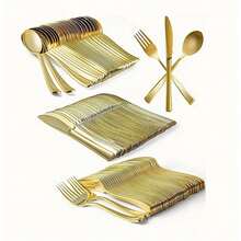 5/10/25/50 piezas Juego de cubiertos chapados en oro, tenedor y cuchara para pastel/ensalada, tenedor para postre/sushi, tenedor para pasta, cuchillo para bistec, utensilios para ensalada, juego de cubiertos reutilizables, adecuado para fiestas, cumpleaños, eventos al aire libre, bodas, reuniones familiares, jubilación, inauguración de casa, Navidad