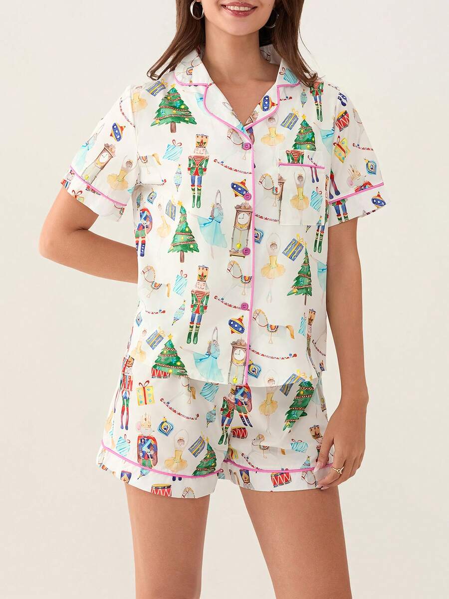 Christmas Pajamas Shorts Set For Women Santa Claus Pjs Button Up Shirt+Shorts 2 Piece Xmas Jammies Loungewear - Green - View 1