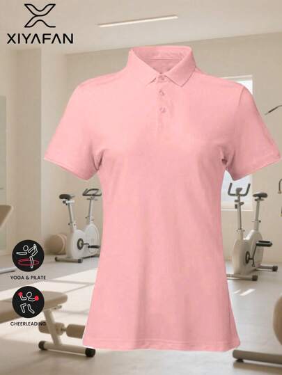 2025 Women's Pink Boyfriend Style Sports Polo Shirt - Solid Color Short Sleeve | Back To School Essential For Autumn | Lightweight, Breathable, Quick-Dry, Suitable For Yoga/Jogging/Golf