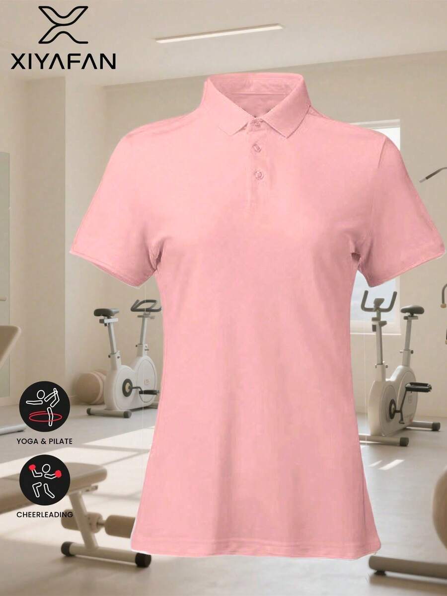 女款夏季粉色素色短袖 Polo 衫，吸濕排汗面料休閒上衣，適用於網球、慢跑、瑜伽、健身、辦公室運動
