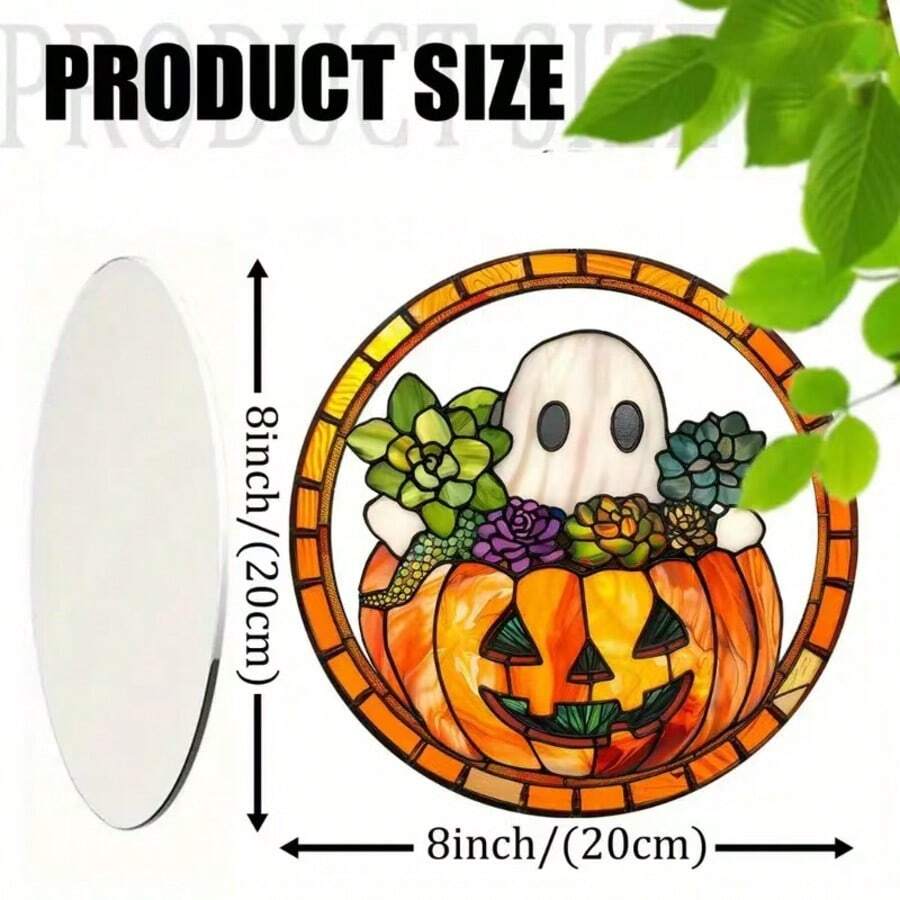 Festive 8 Inch Halloween Stained Glass Window Hanger: Ghost, Pumpkin, And Succulents Decor - Burnt Orange - View 1