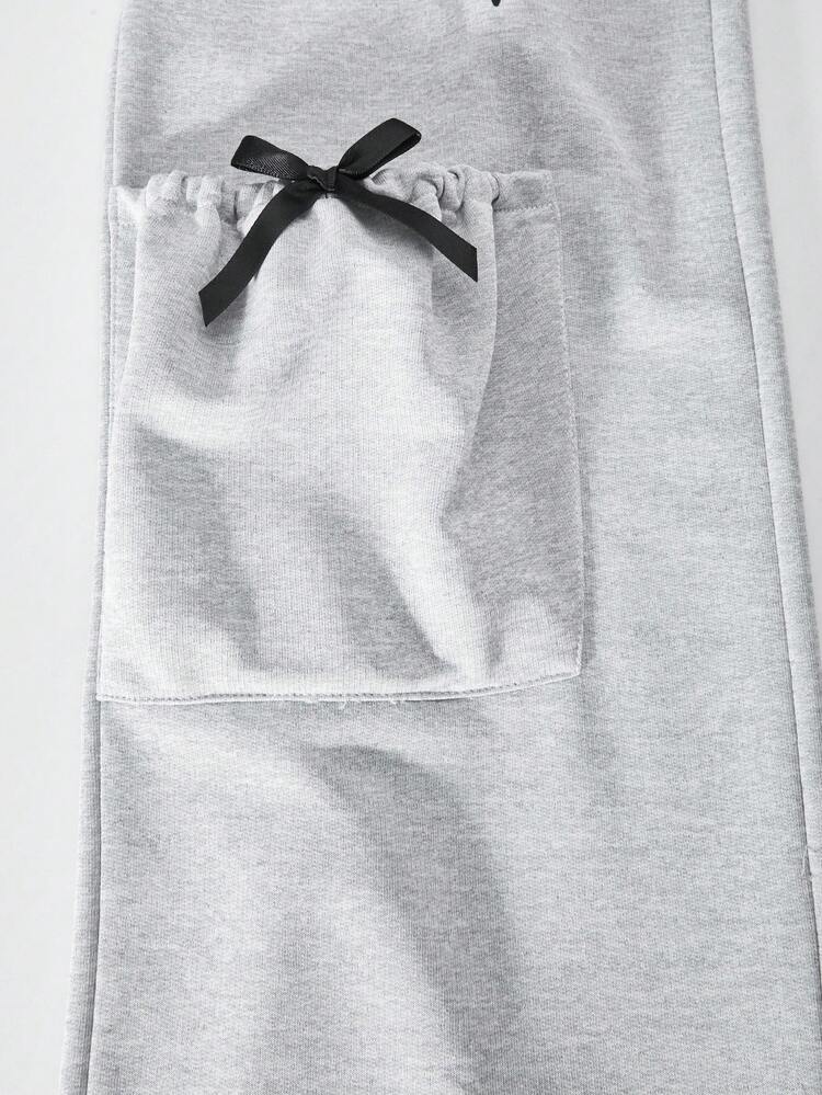 Pantalones rectos casuales para niñas, color gris claro, con estampado adorable de gatos y estrellas, tela suave y cómoda, diseño de bolsillo con lazo, adecuado para primavera, verano, otoño e invierno - Gris - Añade 5
