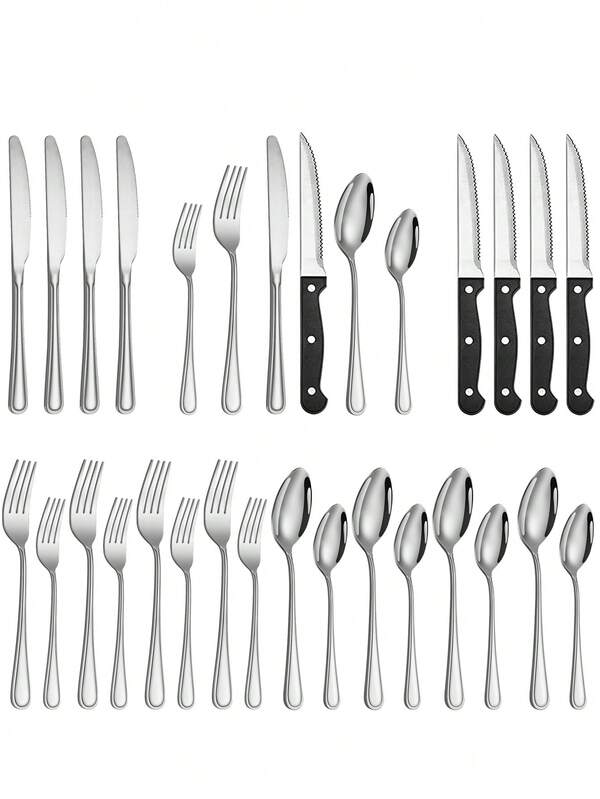 24 pièces Set d'argenterie en argent (avec couteau à steak), Set de couverts en argent pour 4 personnes, Set de coutellerie en acier inoxydable, Set de vaisselle à finition miroir pour la maison et le restaurant