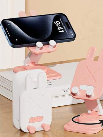 1pc Iron Alloy Sturdy Material, Cartoon Rabbit Foldable Rotating Desk Slouchy Phone Holder Stand