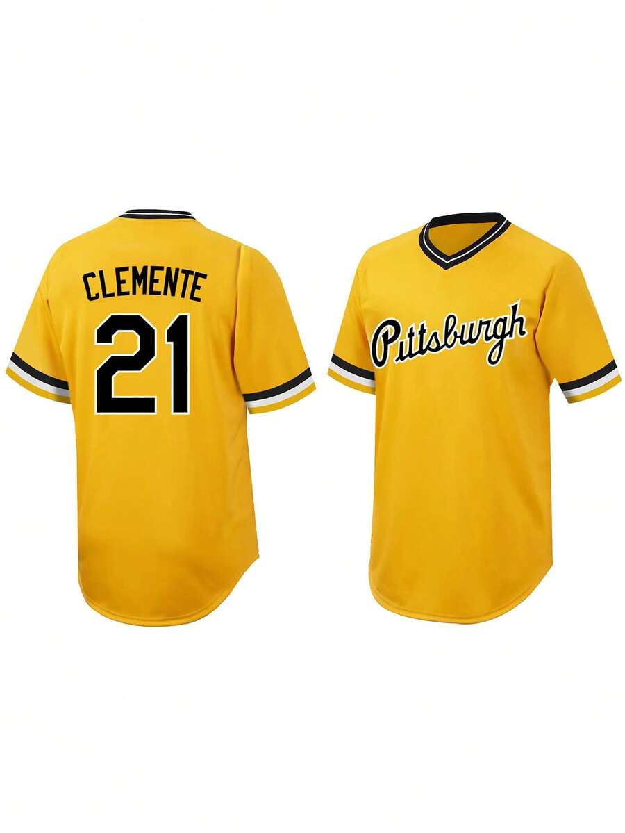 Men's Baseball Jersey 21 Yellow Button-Down Embroidered Sports T-Shirt Gym Clothes Men Basic T Shirt - 黃色 - 查看 1