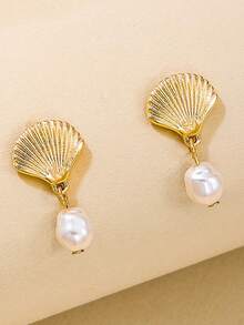 Sea Star Shell Earrings Beach Jewelry Women's Lightweight And Elegant Pearl Water Drop SeaShell Beach Earrings With Sea Charm, Suitable For Summer Vacation Coastal Accessories - 金色 - 查看 6