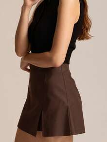 Minifalda ajustada para mujer con cremallera lateral, informal, asimétrica, con dobladillo dividido, para uso diario - Marrón - Ver 3