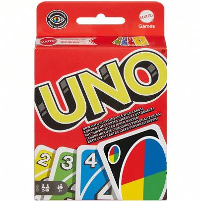 Mattel UNO - Juego de cartas clásico de coincidencia de colores y números - 112 cartas - Comodín personalizable y borrable - Incluye cartas de acción especiales - Regalo para niños de 7 años en adelante