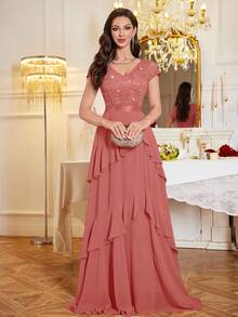 MIUSOL Sequin Floral Lace V-Neck Cap Sleeve Ruffle Trim Layered Hem Chiffon Evening Party Maxi Dress - Dusty Pink - View 4