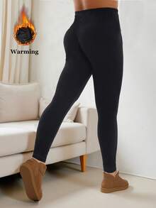 1 Pack Women's Thermal Lined Thickened Black Leggings, Soft High Elasticity Tight Pants, Comfortable For Home, Yoga, Butt Lifting And Shaping, Outdoor Shopping, Strolling, Vacation, Winter Pants, Gym, Sports And Exercise - Black - View 2