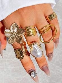 Set 6 Buah Cincin Paduan Emas Asimetris Mewah, Berkilau, Unik, Kreatif, dan Bergaya Vintage untuk Wanita, Cocok untuk Sehari-hari, Pesta, Liburan, dan Perjalanan. - MultiWarna - View 4
