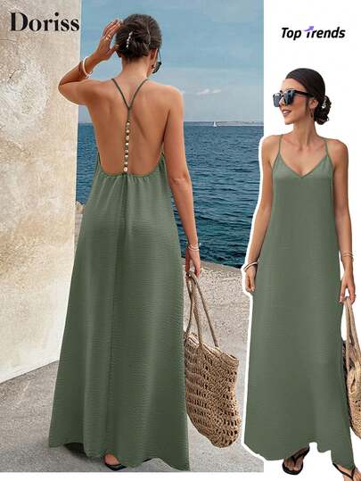 Vestido largo con lentejuelas sin espalda Doriss, conjunto elegante para dama para el Día de San Valentín, la playa, Acción de Gracias, ceremonia de graduación, concierto, brunch, vacaciones de verano, vestido de playa, ropa para fiestas al aire libre