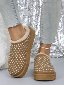 女士彩色铆钉装饰，时尚保暖内衬保暖雪地拖鞋，厚底防滑冬鞋，仿保暖内衬雪地靴