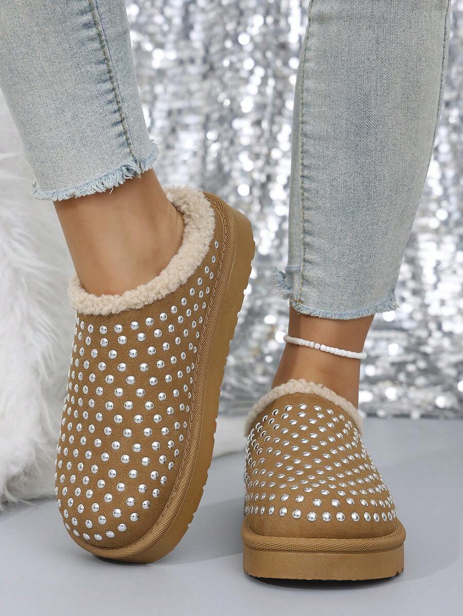女士彩色铆钉装饰，时尚保暖内衬保暖雪地拖鞋，厚底防滑冬鞋，仿保暖内衬雪地靴