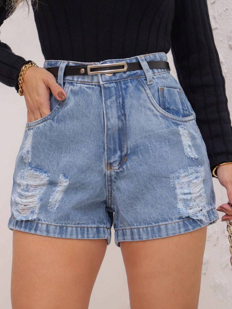 Shorts jeans rasgado com cinto feminino 3007 - Lavagem Média - Visão 1