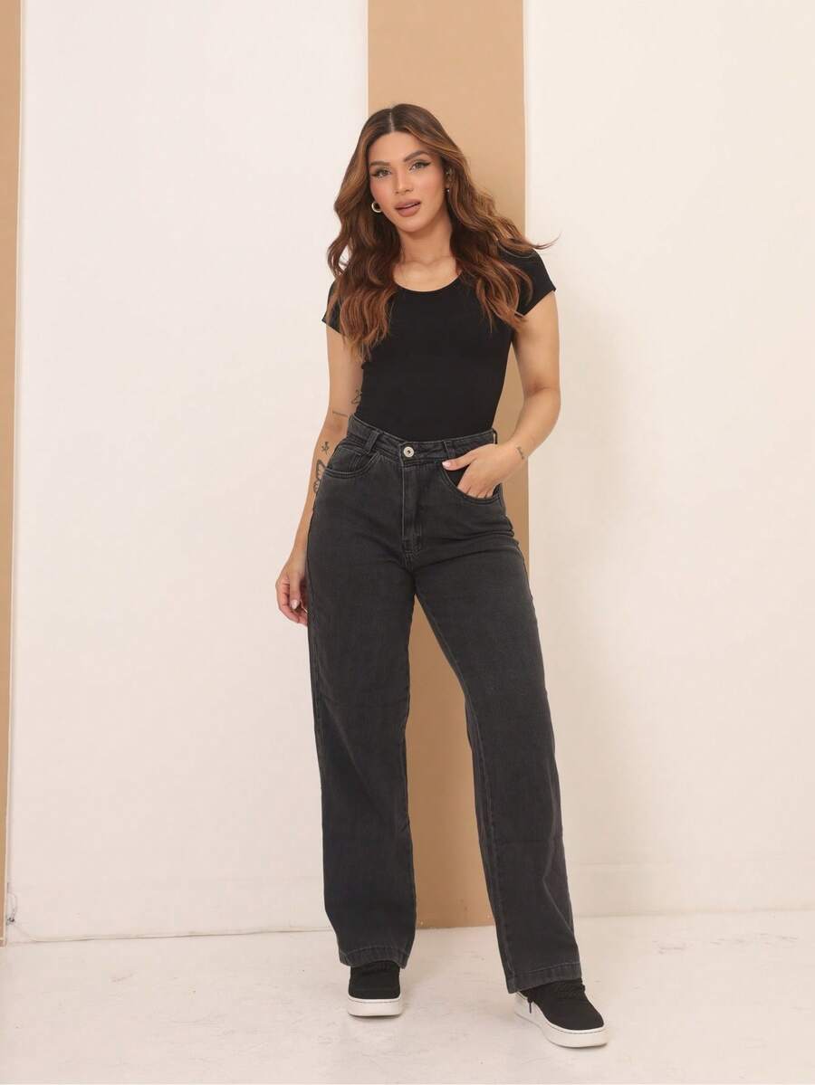 Calça Jeans Feminina Wide Leg Cintura Alta Tecido Grosso Elegante Confortável Vintage 100% Jeans Algodão