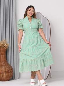 Women's Fashion Midi Dress In 3D Laise Fabric And Smooth With Elastex On The Back And Button On The Front And Lining - 雙色水綠 - 查看 1
